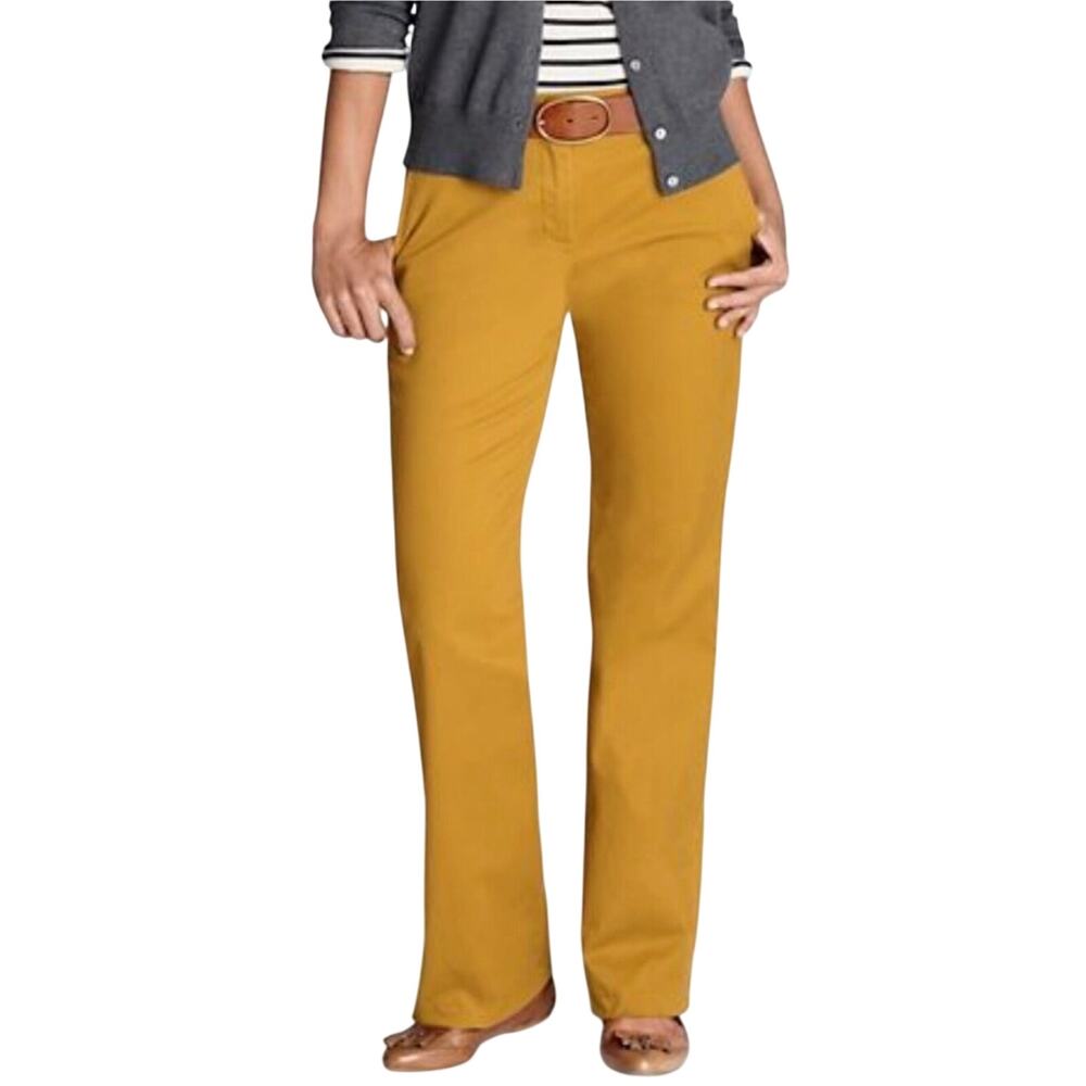 Lands End Ladies mid-rise straight leg chino pants, mustard yellow, pockets, 8